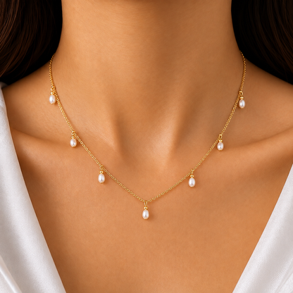 Gold Pearl Drop Charm Necklace